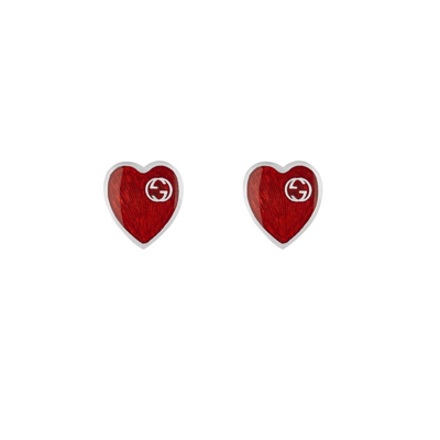 Gucci Interlocking G Red Heart Earrings In Silver-tone