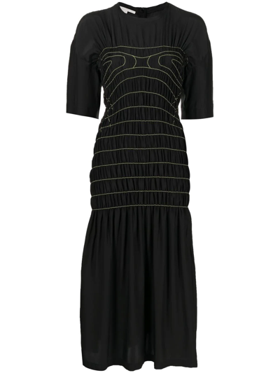 Stella Mccartney Smocked Striped Silk-satin Midi Dress In Black