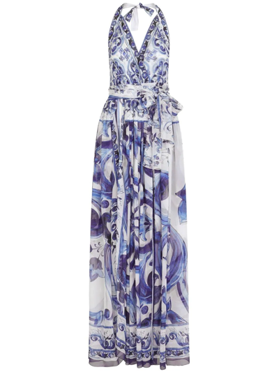 Dolce & Gabbana Majolica-print Halterneck Maxi Dress In Tris_maioliche_blu