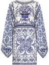 Dolce & Gabbana Short Majolica-print Charmeuse Dress In Blue