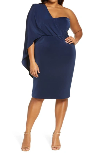 Lavish Alice One Shoulder Cape Midi Dress In Navy