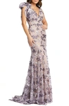 Mac Duggal Sequin Floral Bow Shoulder Trumpet Gown In Amethyst