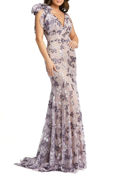 Mac Duggal Sequin Floral Bow Shoulder Trumpet Gown In Amethyst