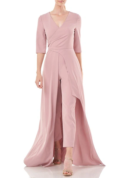 Kay Unger Pleated Crepe Walk-thru Jumpsuit In Wood Rose