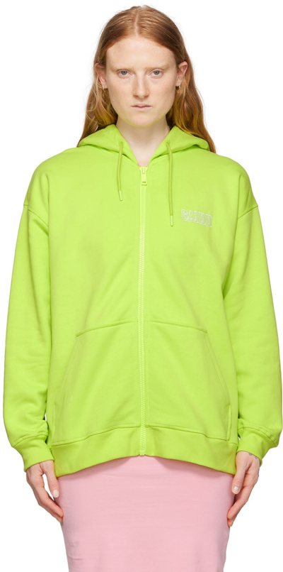 Ganni Felpa Logo Con Zip E Cappuccio In Lime Popsicle