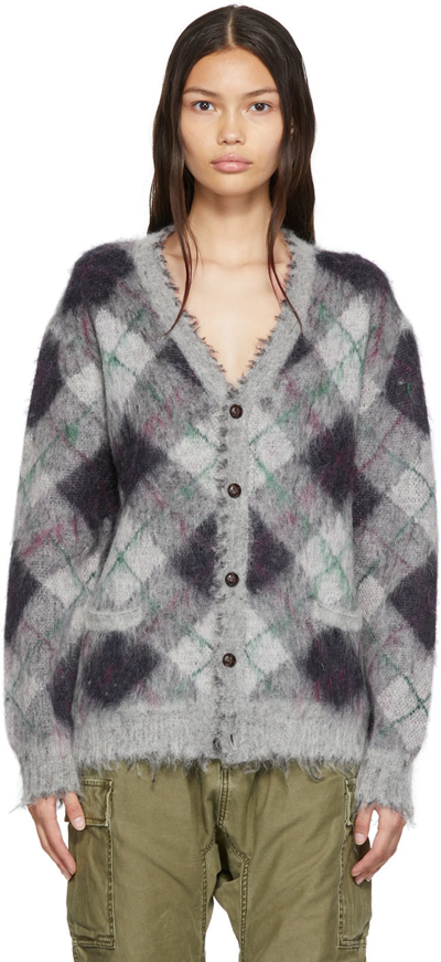 R13 Women's Oversized Distressed Plaid Knit Cardigan In Grey