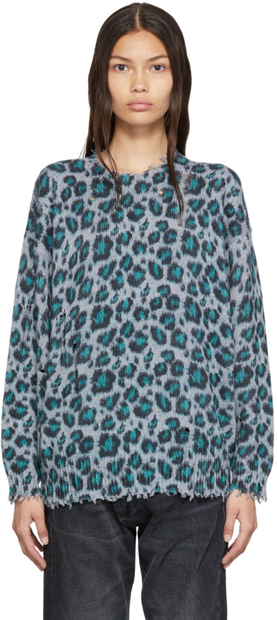 R13 'gus' Leopard Print Raw Trim Oversize Cotton Knit Sweater In Blue Leopard