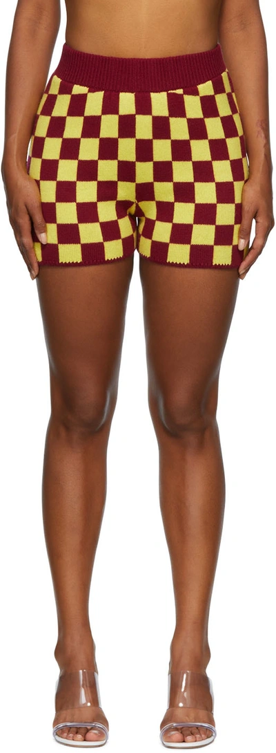 The Elder Statesman Burgundy Checkered Shorts In Atomic Yellow/cabern