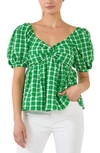 English Factory Twist Front Gingham Puff Sleeve Top In Green