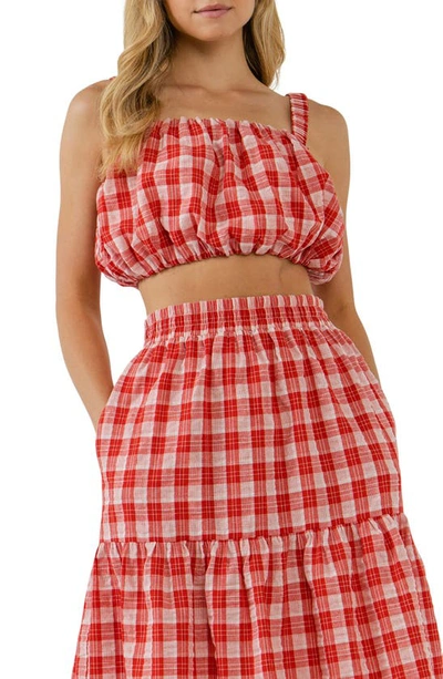 English Factory Plaid Bubble Hem Cotton Crop Tank In Red