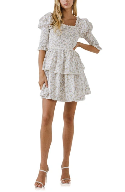Free The Roses Floral Lace Trim Smocked Minidress In White