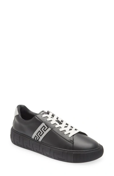 Versace Men's Greca Metallic Leather Low-top Sneakers In Black