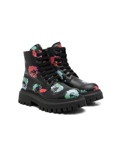 Marni Kids' Floral-print Chunky-sole Boots In Black