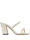 Jimmy Choo Women's Amara 85mm Embellished Shimmer Suede Sandals In Latte/white