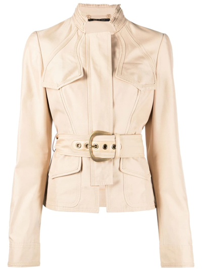 Pre-owned Gucci 2000s Mock Neck Belted Jacket In Neutrals