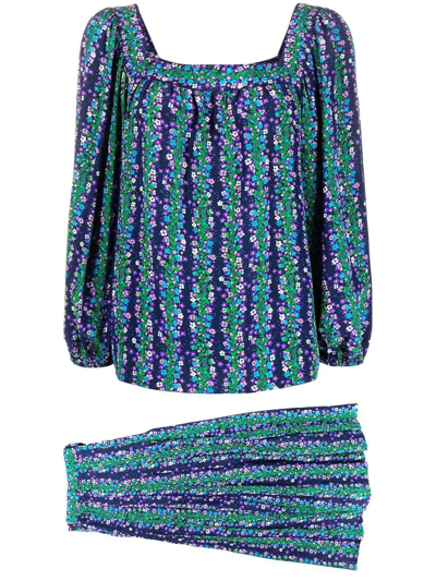 Pre-owned Saint Laurent 1970s Floral-print Silk Blouse-skirt Set In Blue