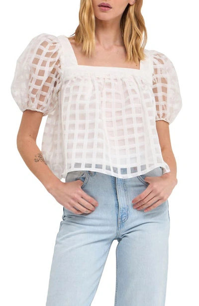 English Factory Grid Pattern Puff Sleeve Organza Top In White