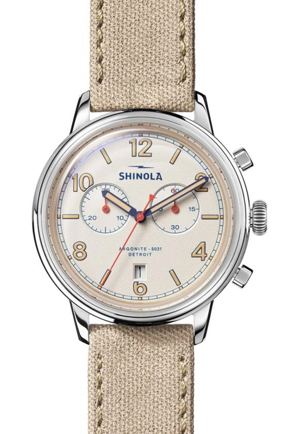 Shinola The Traveler Chronograph Canvas Strap Watch, 42mm In White/beige
