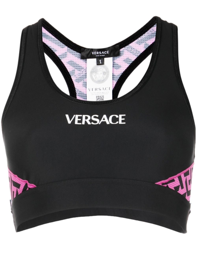 Versace Greca Signature Accent Sports Bra In Fuchsia Nero (black)