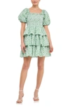 Free The Roses Crinkled Floral Linen Smocked Tiered Mini Dress In Green