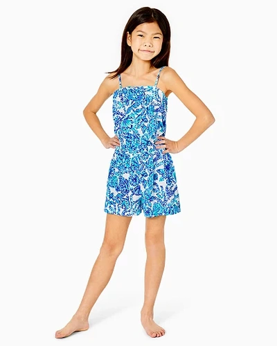 Lilly Pulitzer Girl's Jaycee Romper In Turquoise Size Medium, Shell Me You Love Me -  In Turquoise