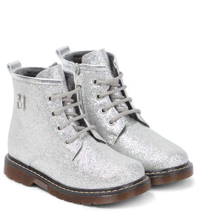 Monnalisa Glitter-embellished Ankle Boots In Silver Glitter