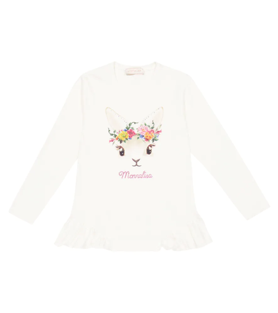 Monnalisa Kids' Embellished Cotton-blend Jersey Top In Panna