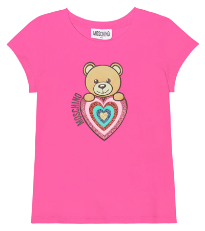 Moschino Kids' Glitter Logo Printed T-shirt In Cyclamin Flower