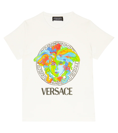Versace Kids' Boy's Rainbow Medusa Head Graphic T-shirt In Bianco+multicolor