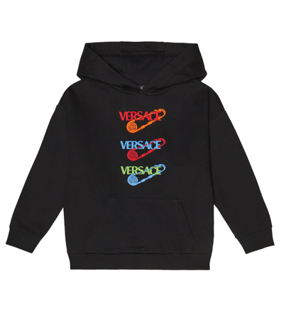 Versace Kids' Safety Pin Embroidered Cotton Hoodie In Black
