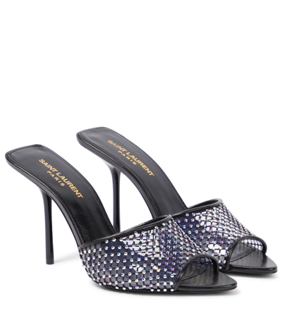 Saint Laurent Disco Crystal-embellished Mesh, Pvc And Leather Mules In Black