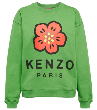 Kenzo Logo Print Green Boke Flower Crew Neck Sweatshirt In Vert