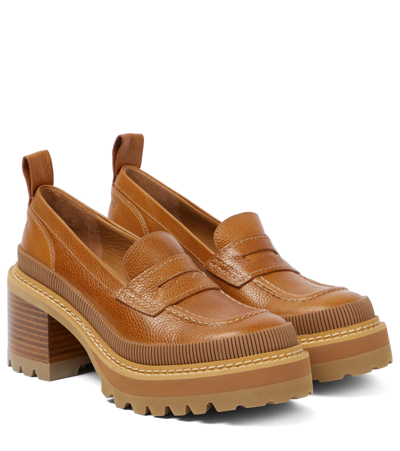 See By Chloé Mahalia Textured-leather Heeled Loafers In Brown