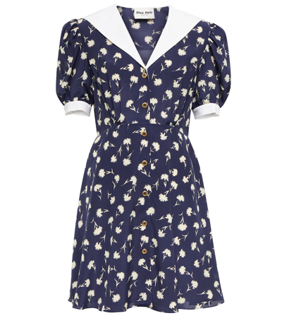 Miu Miu Floral Silk Crêpe De Chine Minidress In Blue/ivory