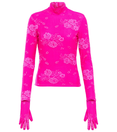 Balenciaga Floral Lace Mockneck Gloved Top In Lipstick Pink