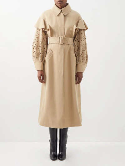 Chloé Belted Ruffled Broderie Anglaise Wool Trench Coat In Beige