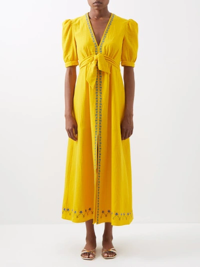 Saloni Jamie Floral-embroidered Crinkled-cotton Dress In Mid Yellow