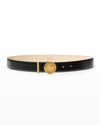 Versace Medusa Coin Leather Belt In Black Gold