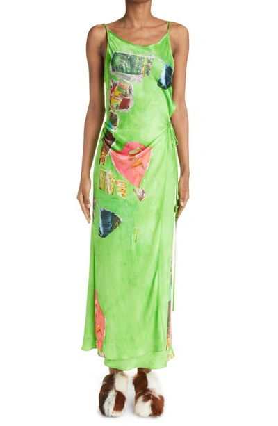 Acne Studios Dayla Collage Print Asymmetric Satin Wrap Slipdress In Green/multi  | ModeSens