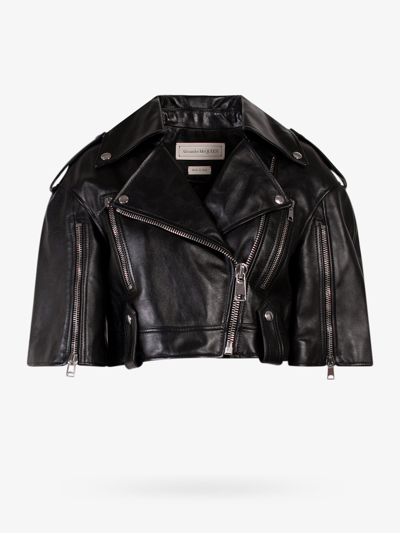 Alexander Mcqueen Cropped Biker-collar Leather Jacket In Black