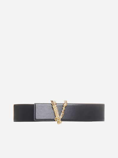 Versace Virtus Leather Belt In Black- Gold