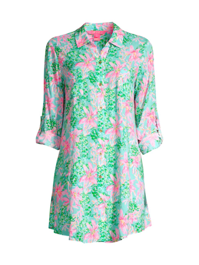 Lilly Pulitzer Natalie Floral Coverup Shirtdress In Surf Blue
