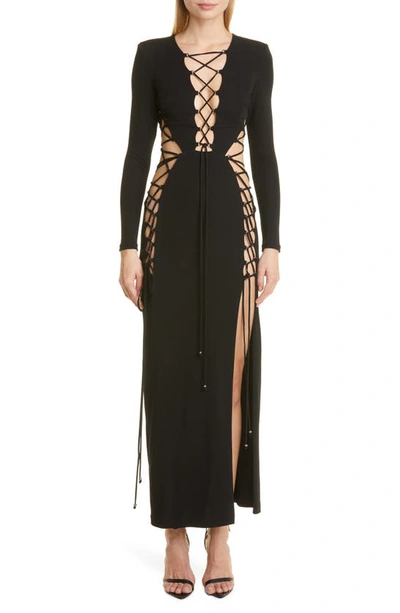 Dundas Electra Long Sleeve Lace-up Cutout Evening Dress In Black