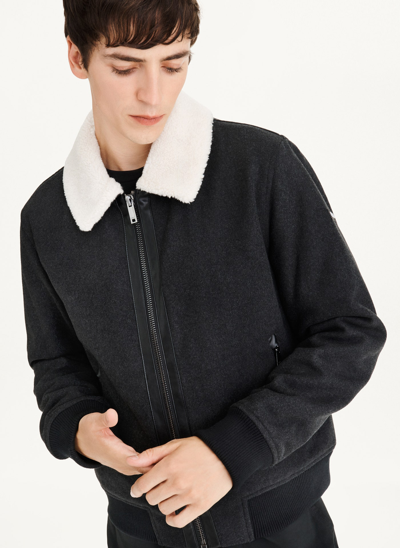 DKNY MEN'S WOOL BLEND BOMBER JACKET WITH SHERPA COLLAR 