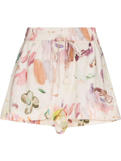 Alemais Neutral Annie Brushstroke Print Linen Shorts In Rose