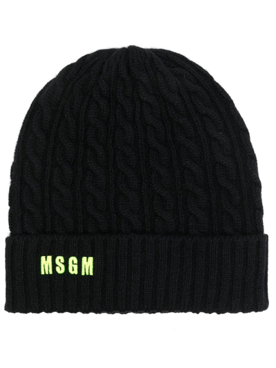 Msgm Logo-patch Detail Knit Beanie In Black