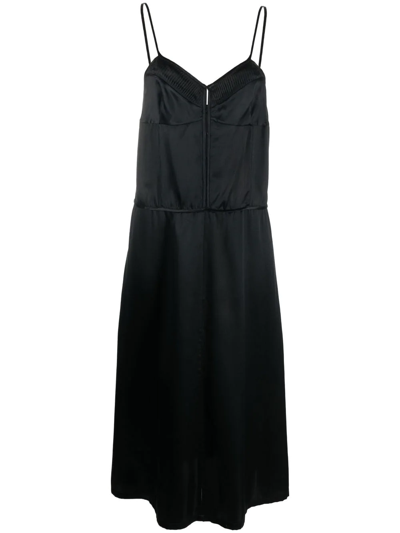 Pre-owned Dries Van Noten 1990s Pleat-trim Silk Slip Dress In Black
