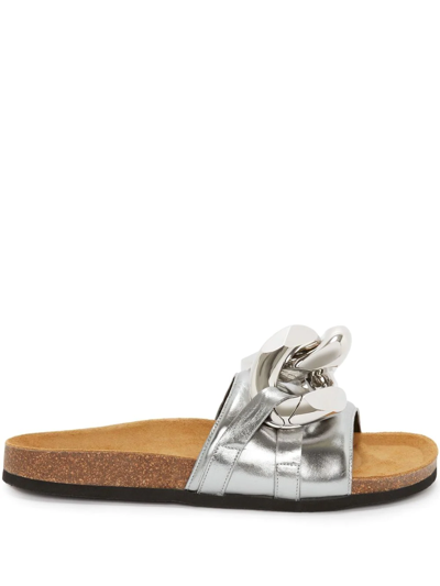 Jw Anderson 15mm Chain Metallic Leather Slide Sandal In Silver