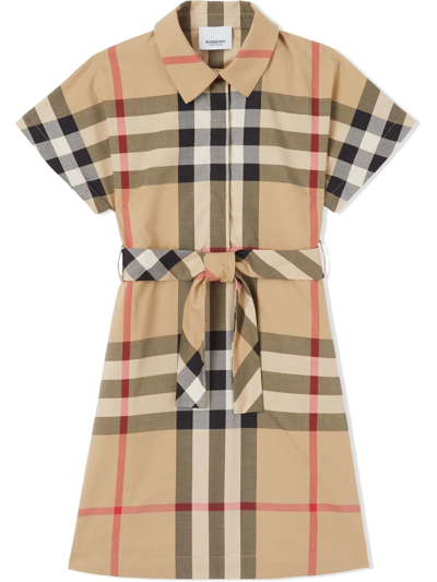 Burberry Teen Check-pattern Tie-waist Shirt Dress In Beige