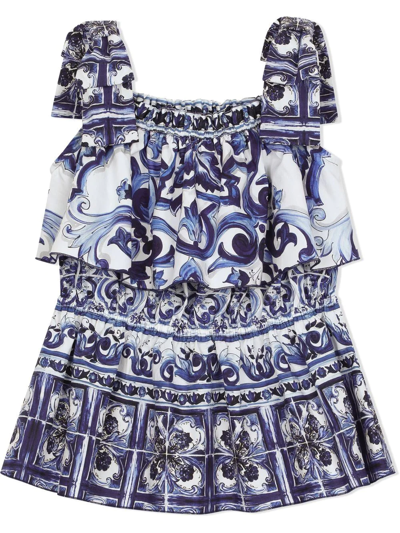 Dolce & Gabbana Majolica-print Poplin Top In Blue